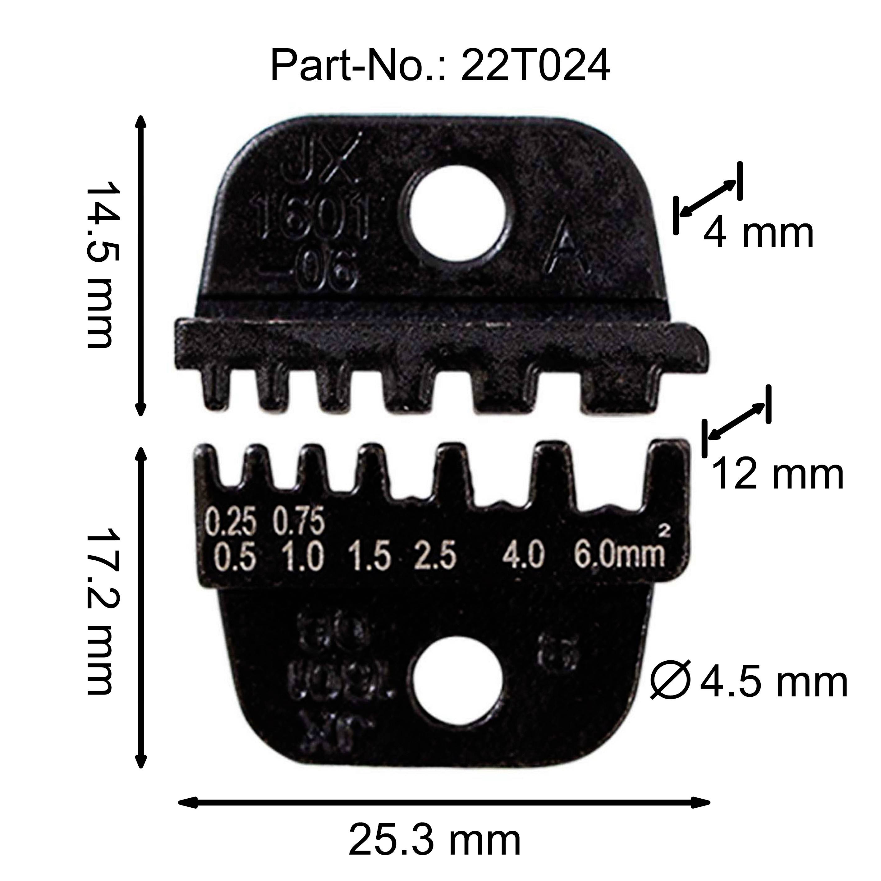 Řezací čepel s více otvory a zuby, očíslovaná: 0,25 až 6,0 mm². Rozměry a průměr jsou uvedeny. Katalogové číslo: 22T024.