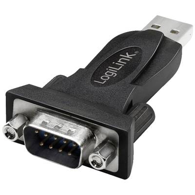 USB na RS232 adaptér od LogiLink, černé pouzdro, umožňuje propojení mezi USB portem a sériovým RS232 portem.
