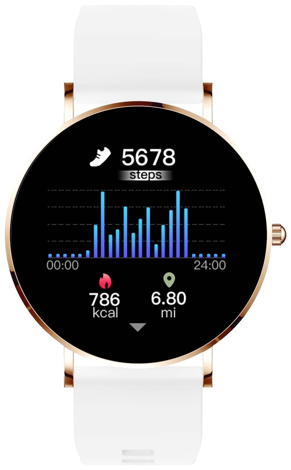 Chytré hodinky ukazují 5678 kroků, 6,80 mil, 786 kcal. Graf s pruhy aktivity od 00:00 do 24:00. Bílý řemínek.