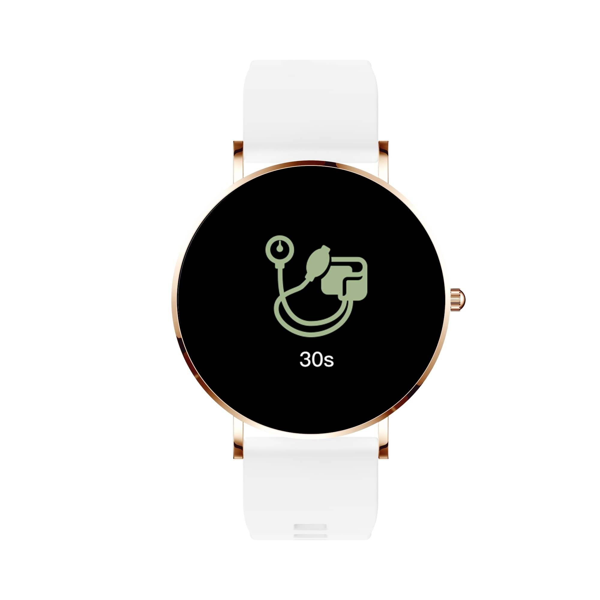 Chytré hodinky s bílým řemínkem zobrazují na displeji symbol stetoskopu a číslo '30s'.