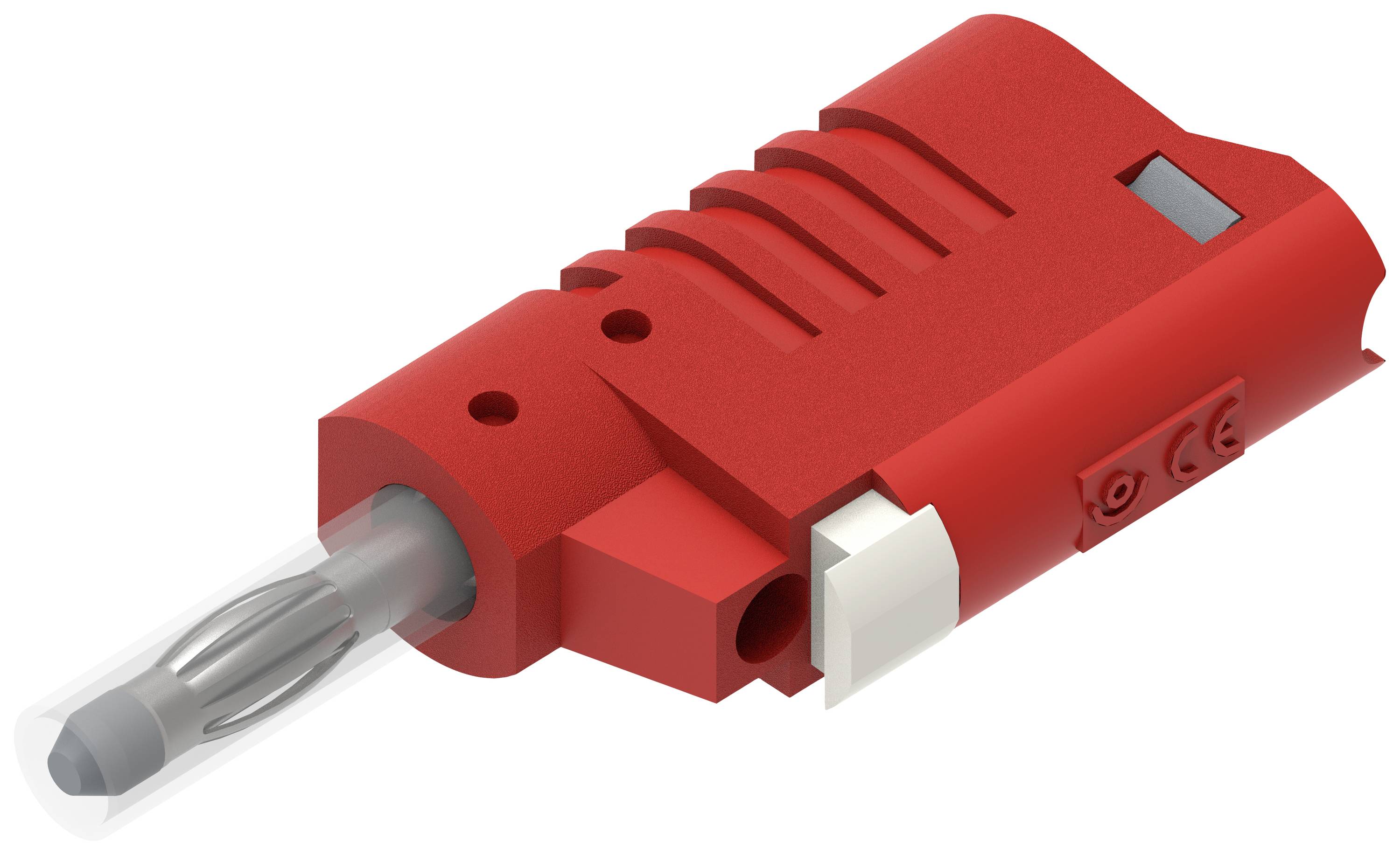 Červený elektronický konektor s průhlednou špičkou a několika připojovacími porty leží na bílém pozadí.