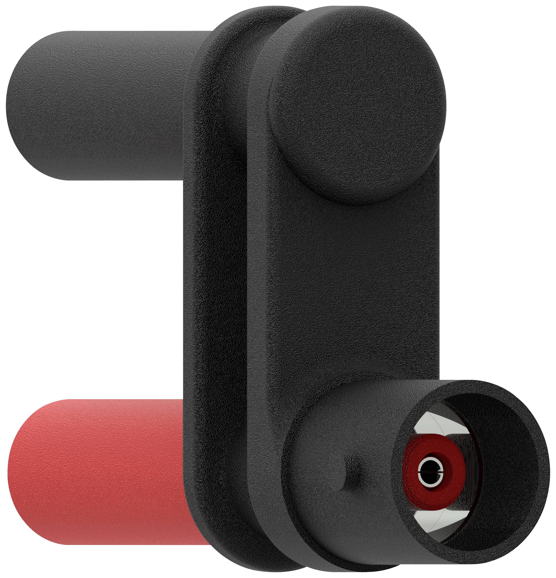 Černý a červený RCA konektor pro Hi-Fi systémy, který zobrazuje moderní, minimalistickou konstrukční strukturu.