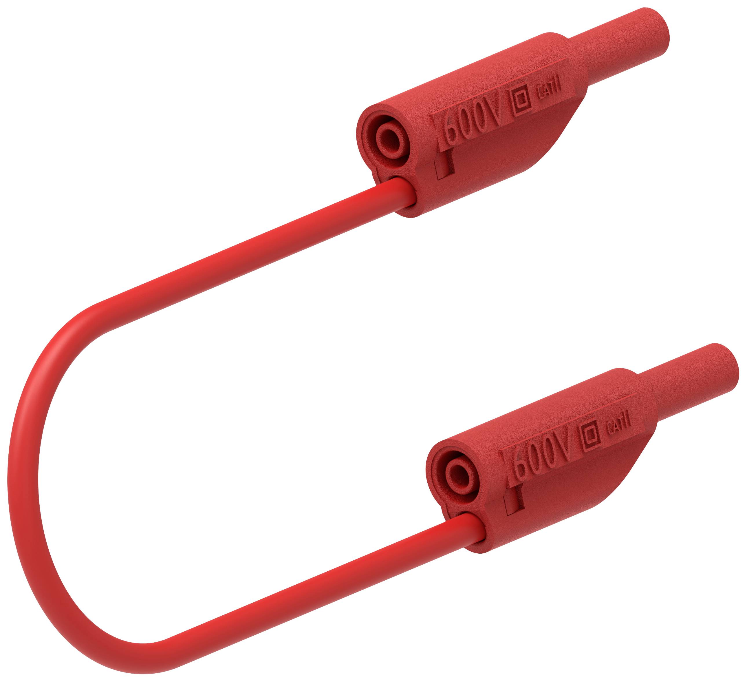Červený elektrický testovací kabel se dvěma zástrčkami, vhodný pro napětí do 600V.