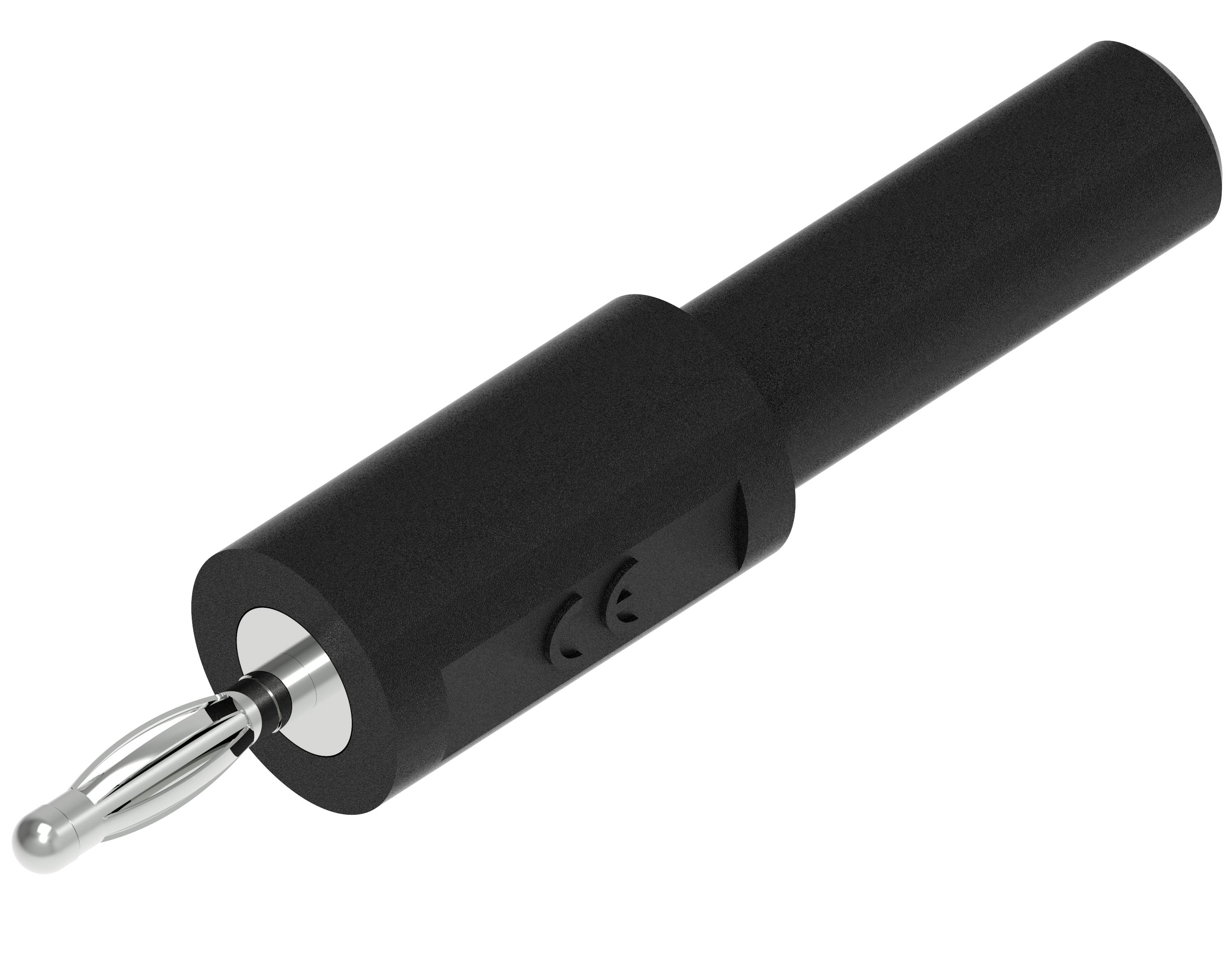 Černený banánkový konektor s kovovým kontaktem, vhodný pro připojení elektrických zařízení ke zdroji elektrické energie.
