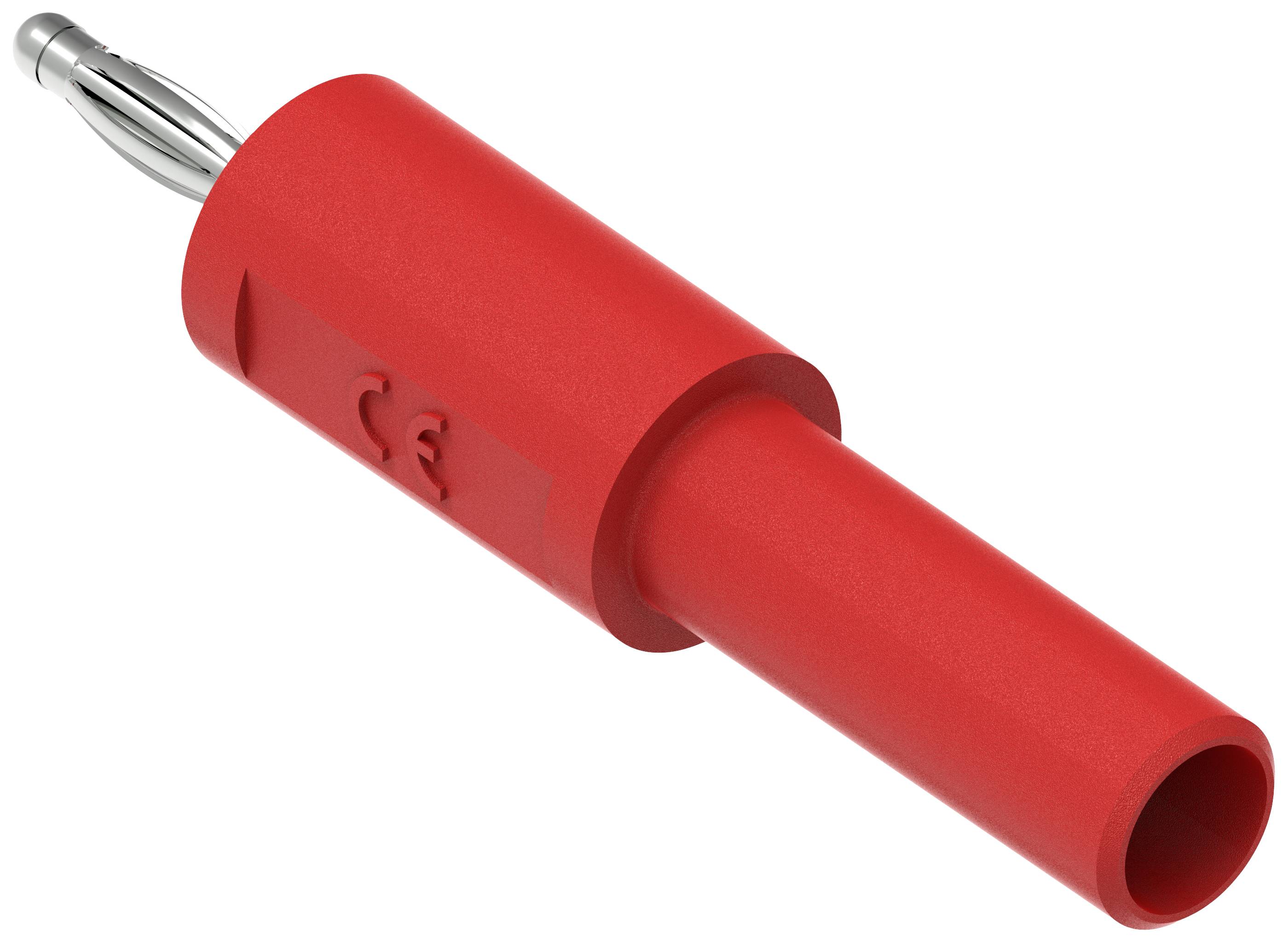 Červený banánkový konektor s kovovým kontaktním dílem. Vhodný pro elektrická propojení a testovací aplikace. Viditelné CE označení.