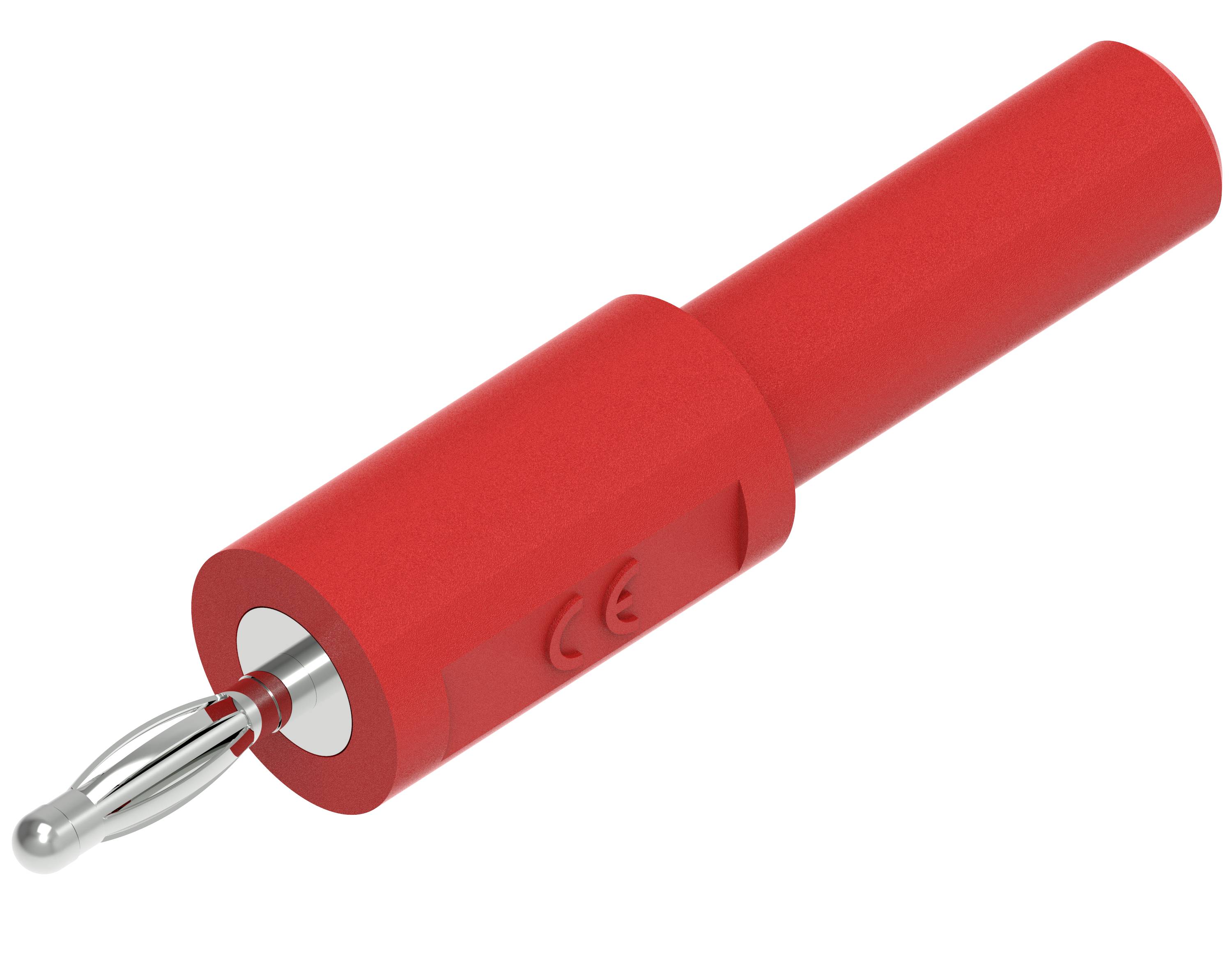Červený banánkový konektor, používaný pro elektrické spoje, je zobrazen. Má kovový kolík a izolovanou objímku.