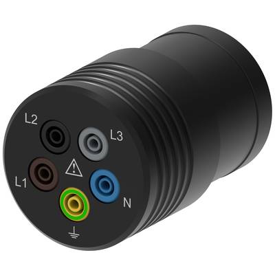 Černá zástrčka s pěti barevnými zdířkami: L1 (hnědá), L2 (černá), L3 (šedá), N (modrá) a uzemnění (zeleno-žlutá).