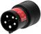 Černý válcový konektor s červenými značkami a několika kovovými kolíky, vhodný pro elektrické aplikace.