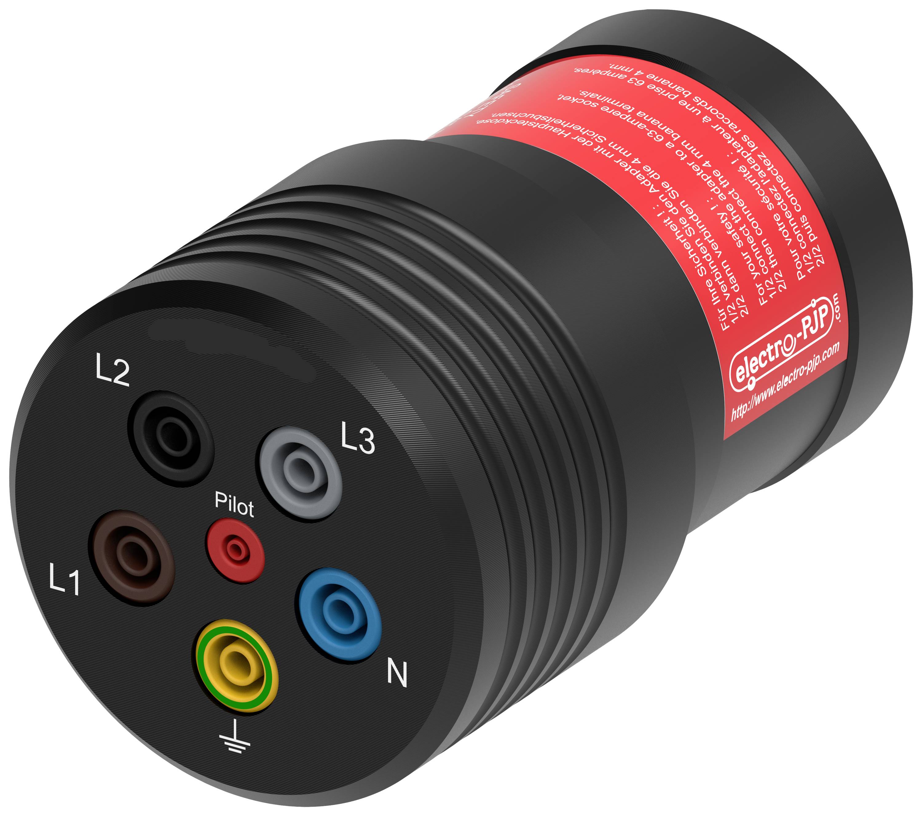 Obrázek zobrazuje černý elektrický adaptér s několika barevnými zdířkami. Na červené pásce je nápis 'electro-RJP'.