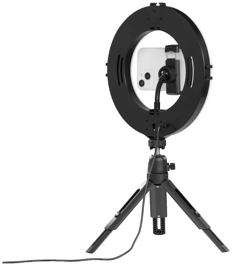 LED kruhové světlo se svorkou na smartphone umístěné na stativu, vhodné pro fotografování nebo natáčení videí s rovnoměrným osvětlením.