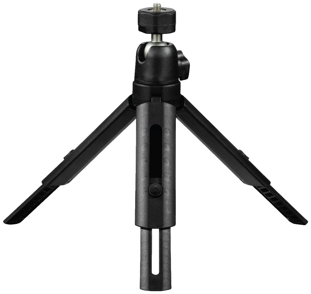 Černný mini stativ se třemi výsuvnými nohami na bílém pozadí, vhodný pro fotoaparáty nebo smartphony.