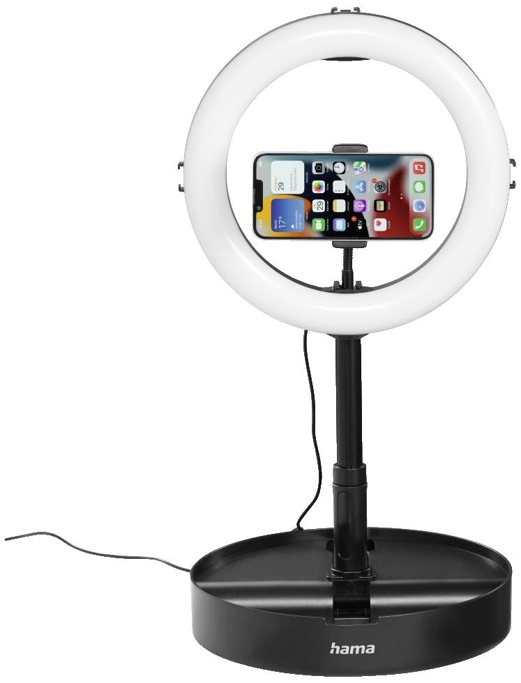Kruhové světlo se smartphone držákem na stojanu, vhodné pro osvětlení a natáčení videí.