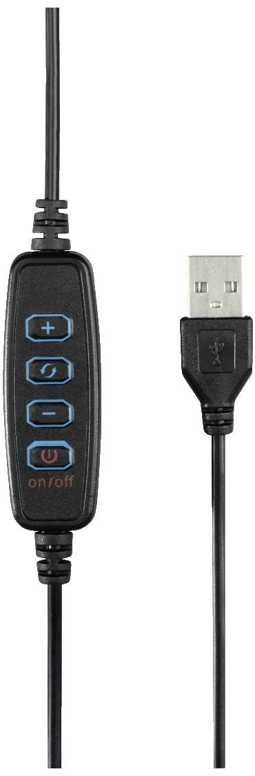 Černý dálkový ovladač s modrými a červenými tlačítky plus, mínus a zapnout/vypnout. USB port na konci kabelu.