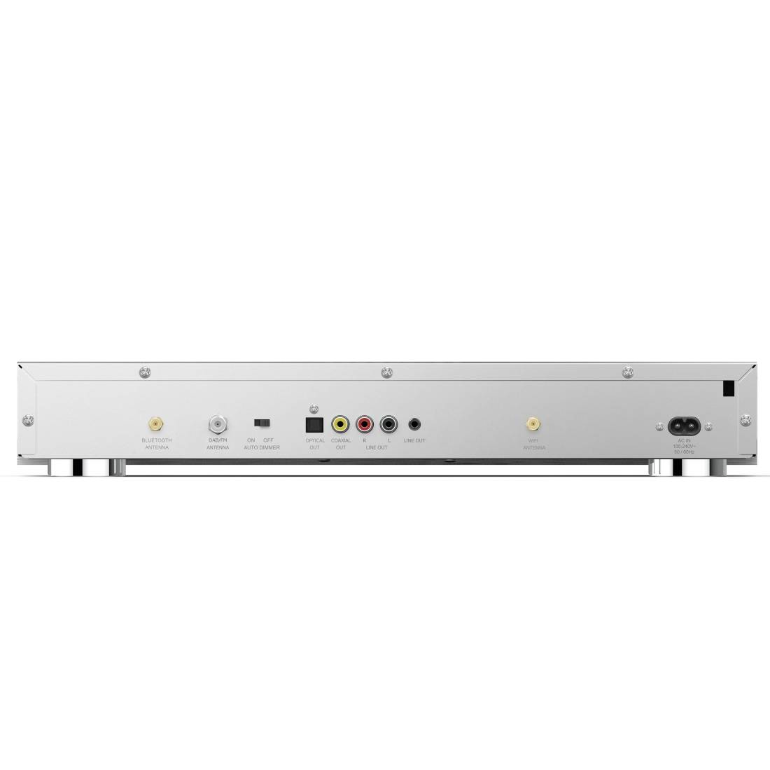 Zadní strana elektronického zařízení s různými konektory: HDMI, LAN, USB a zvukové výstupy.