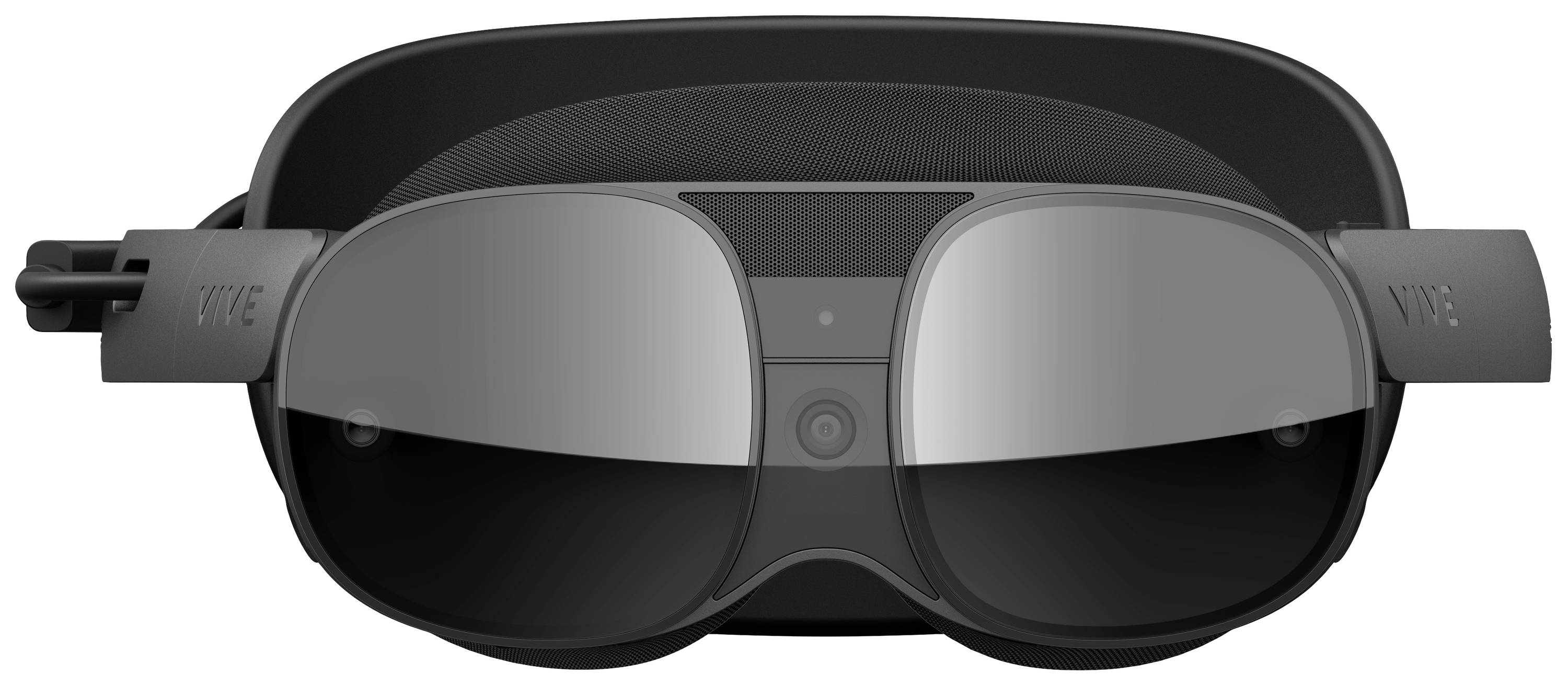 Virtuální brýle pro virtuální realitu pohledem zepředu, se dvěma velkými tmavými čočkami a úzkým rámečkem. Po stranách má upevňovací prvky.