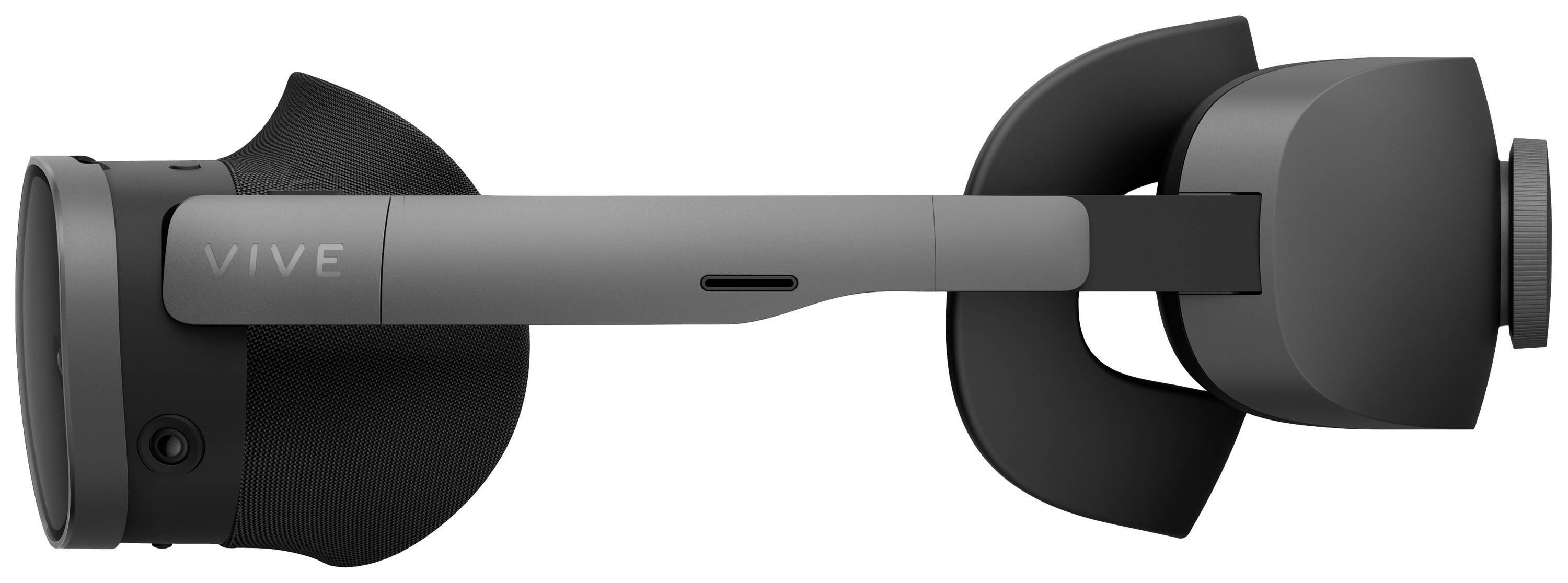 Boční pohled na VR headset s tvarovaným polstrováním a nápisem 'VIVE' na pásce.