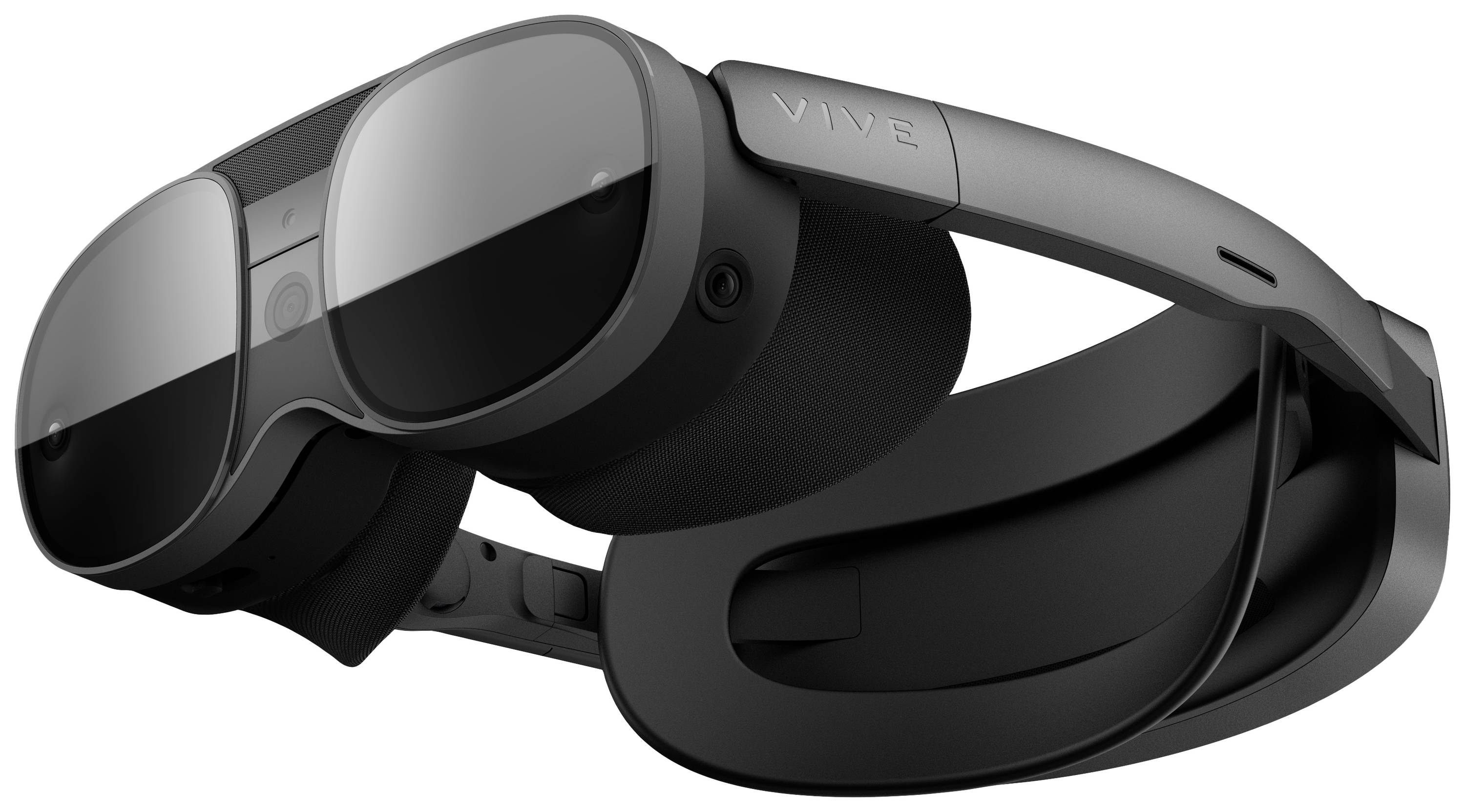 Virtuální headset pro rozšířenou realitu v černé barvě, s velkými lesklými čočkami a ergonomickým designem, pohled z boku.