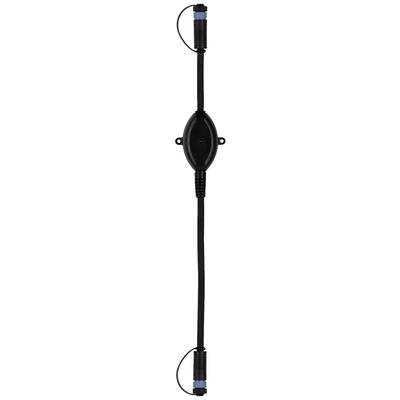 Černý kabel se dvěma odpojitelnými konektory na koncích a oválnou střední částí. Vhodný pro elektrické připojení.