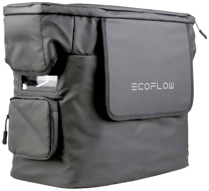 Šedá ochranná taška se zipem a postranními kapsami. Na klopně je napsáno 'ECOFLOW'.