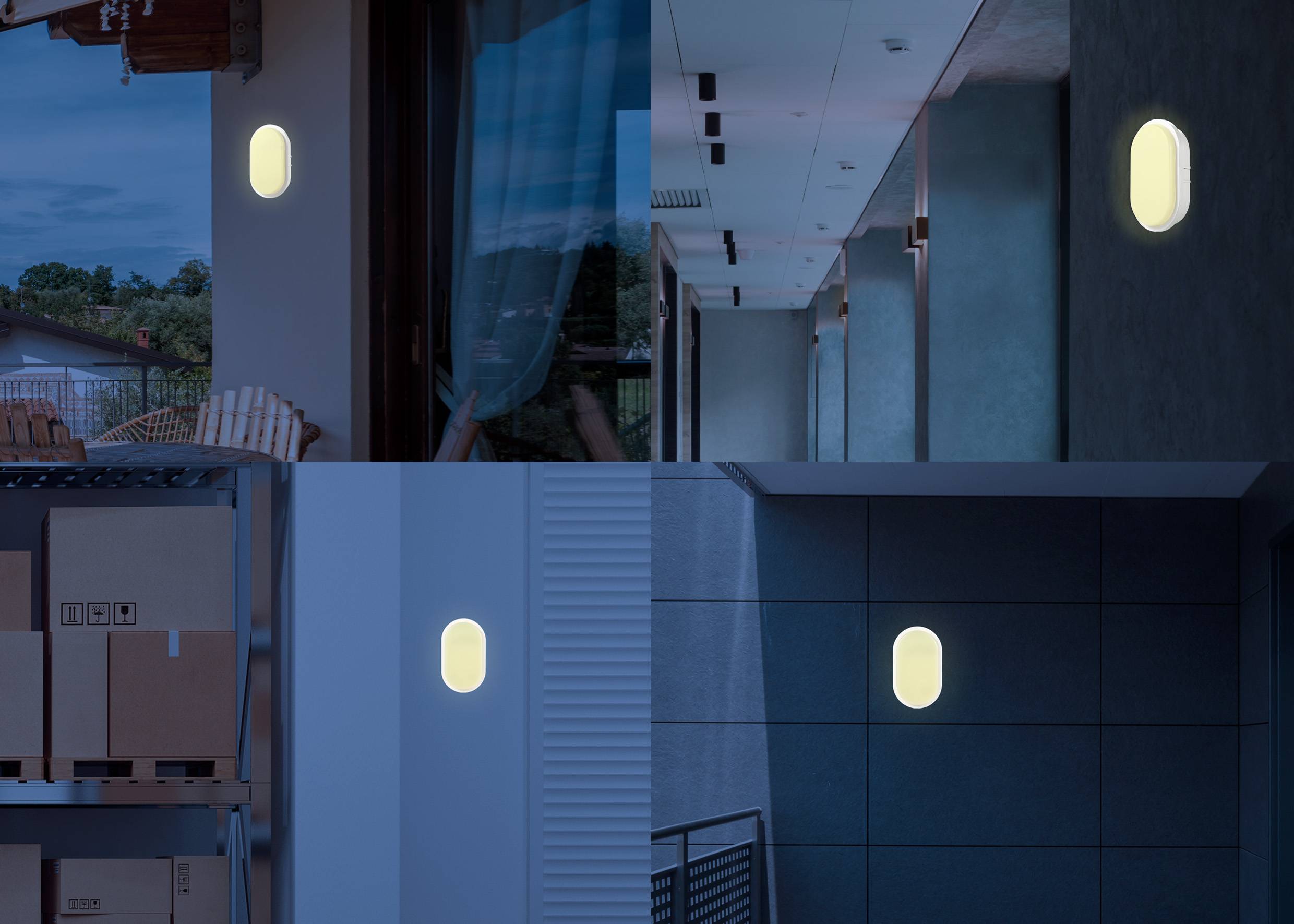 Čtyři obrázky ukazují různé nástěnné lampy v nočních venkovních a vnitřních prostorách. Lampy svítí jasně.