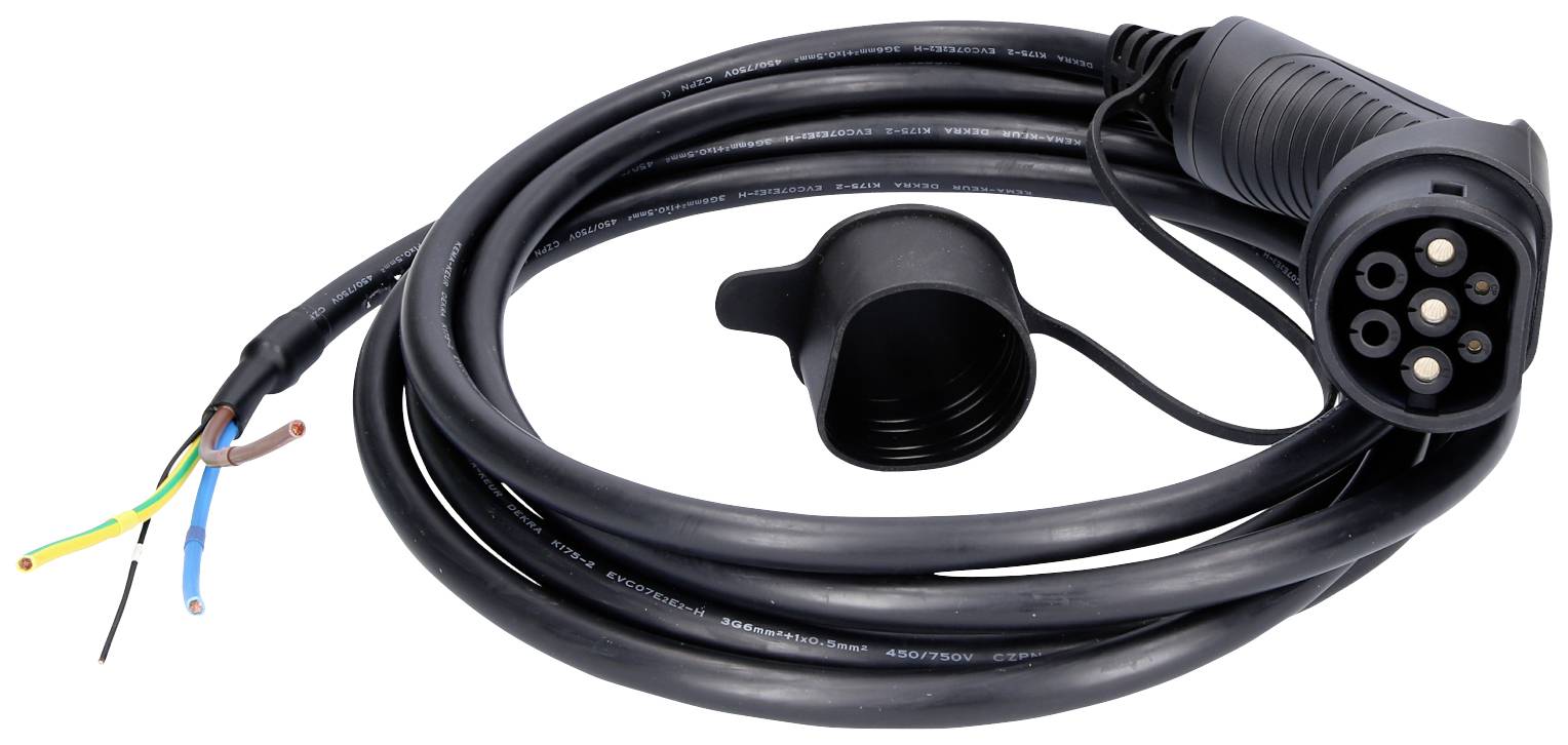 Nabíjecí kabel pro elektrická vozidla s několika vodivými vodiči a zástrčkou. Vhodný pro připojení k nabíjecím stanicím.