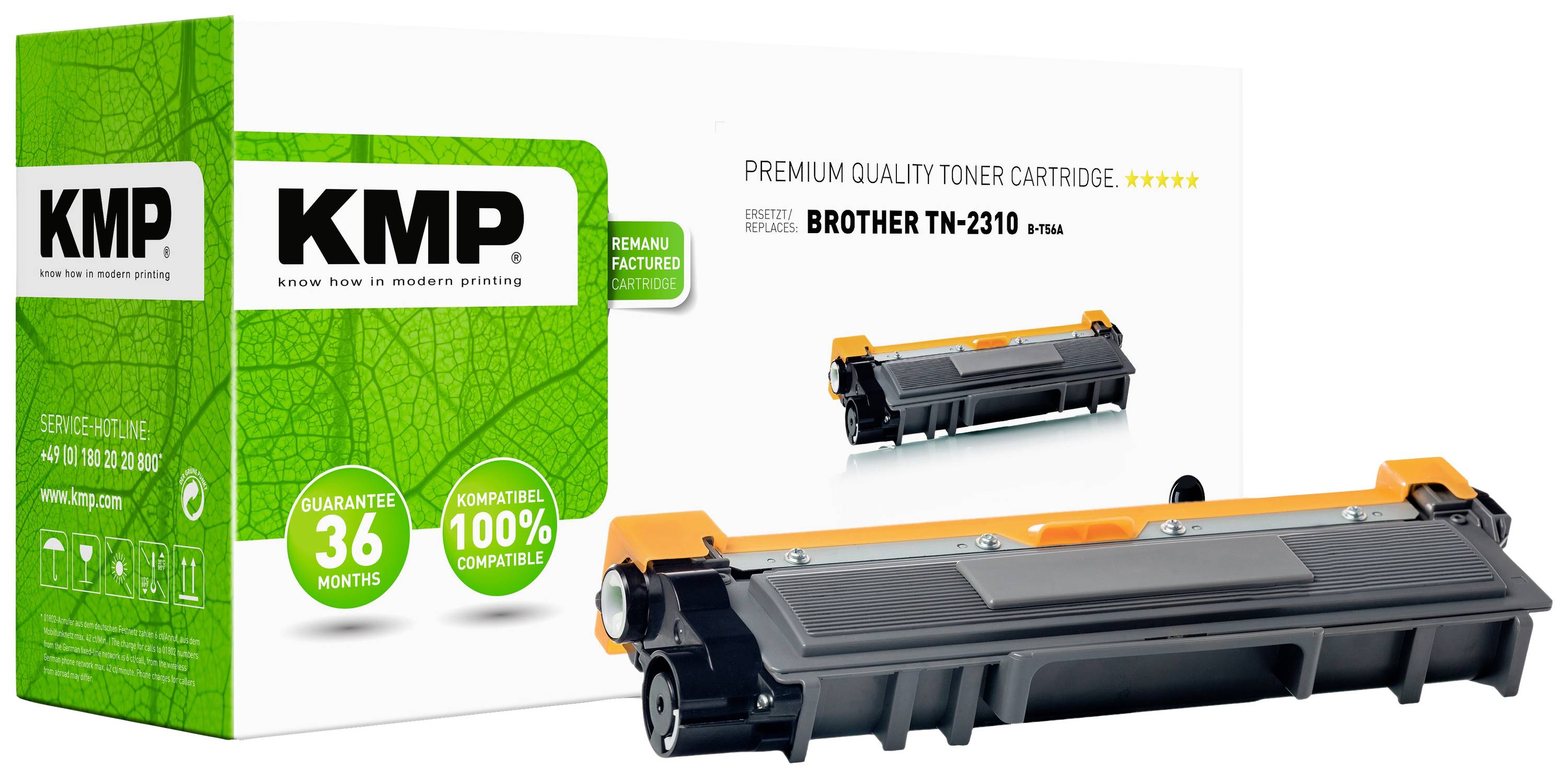 Tonerová kazeta KMP v originálním balení pro tiskárny Brother TN-2310. Balení zobrazuje kazetu; zaručena 100% kompatibilita, 36 měsíců záruka.