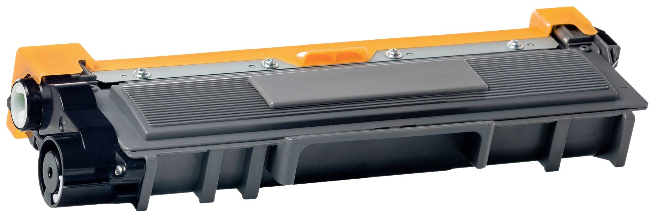 Černý tiskařský toner s oranžovým ochranným krytem leží na bílém povrchu.