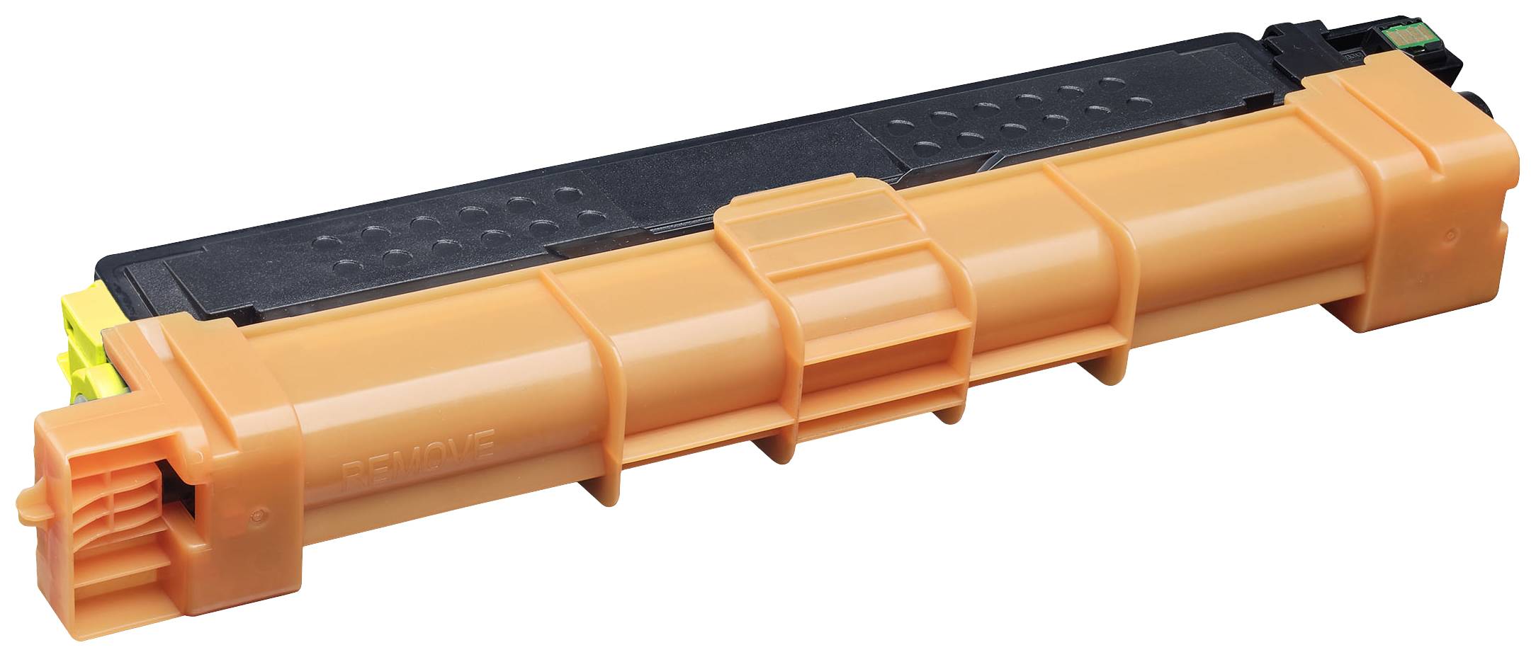 Oranžovo-černý toner do tiskárny, ležící, ukazuje svůj obdélníkový tvar a uzávěry. Nezbytný pro tiskové operace.