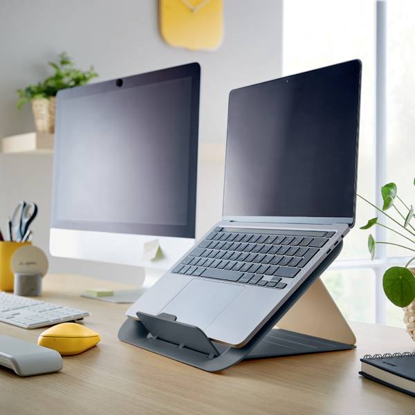 Dva laptopy na psacím stole, obklopené kancelářskými potřebami a rostlinami. Světlé, moderní pracovní prostředí s přirozeným osvětlením.