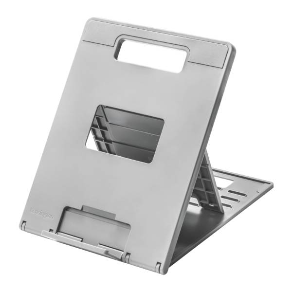 Přenosný šedý plastový stojan na notebook s nastavitelnou výškou, vhodný pro ergonomickou práci. Ideální pro použití na pracovním stole.