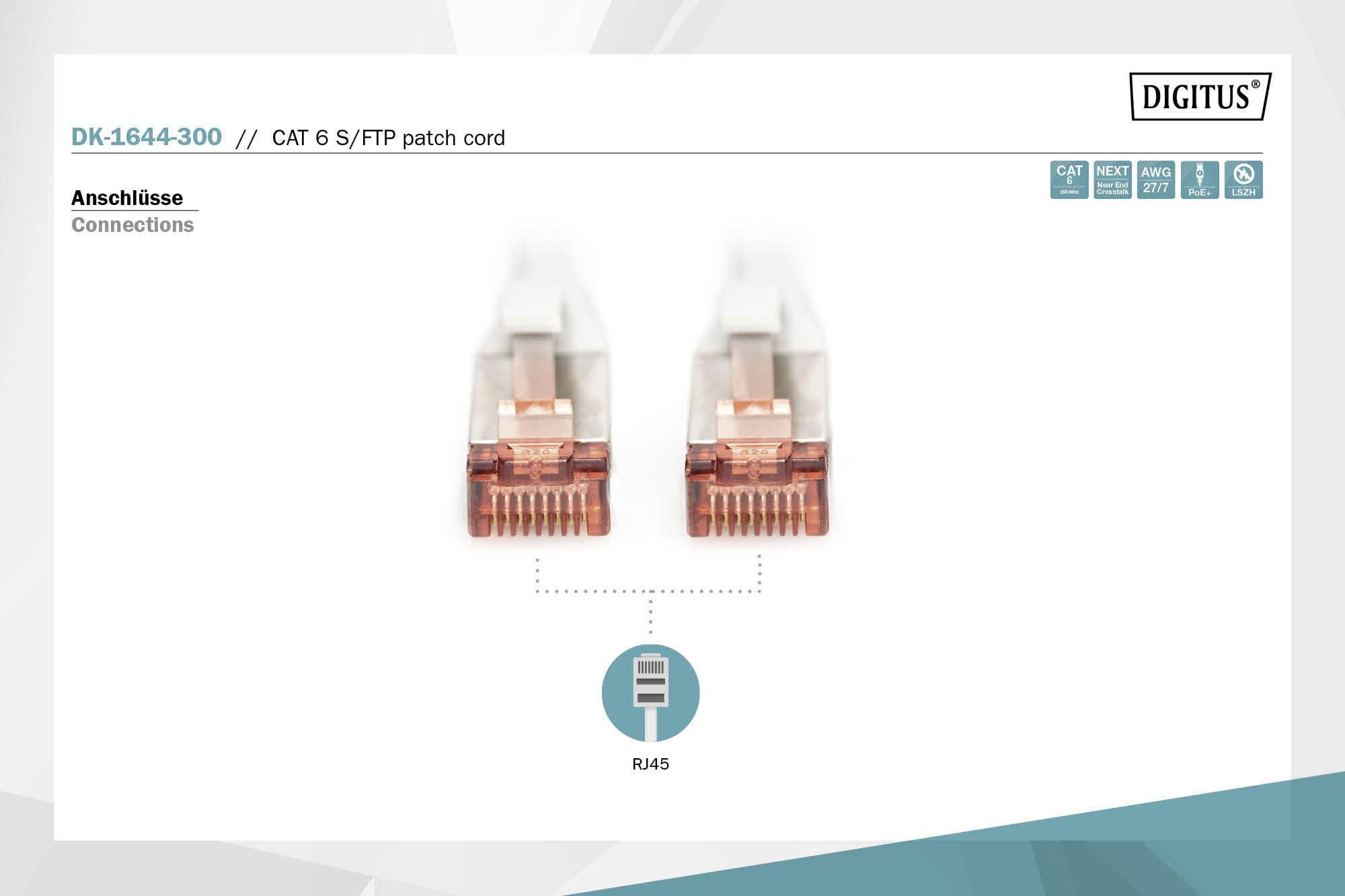 'DK-1644-300' CAT 6 S/FTP patch kabel. Dva RJ45 konektory, detailní pohled na přípojky a uspořádání pinů.