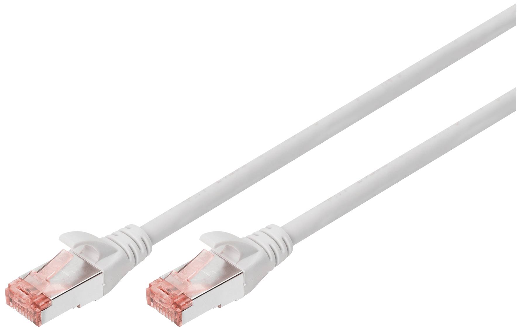 Bílý ethernetový kabel se dvěma konektory RJ45 na koncích pro síťové připojení.