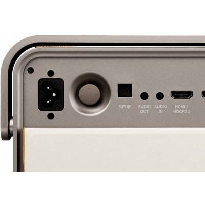 Zadní strana elektronického zařízení s přípojkami: napájecí konektor, S/PDIF, audio výstup, audio vstup, HDMI 1, HDMI HDCP 2.2.