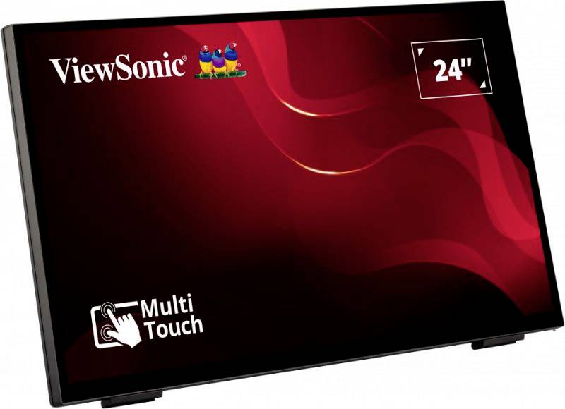ViewSonic 24palcový multidotykový monitor s černým rámečkem a červeným vlnitým vzorem na obrazovce.