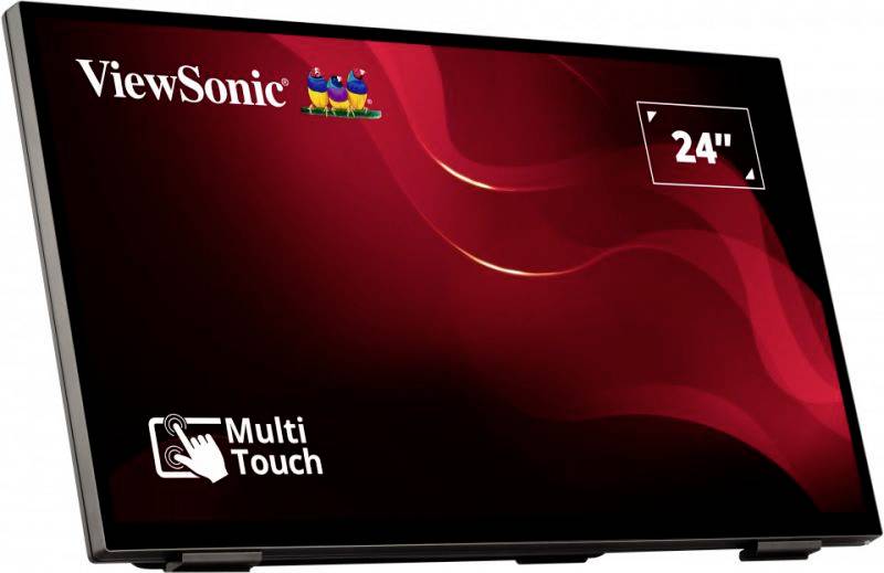 Monitor ViewSonic s 24" obrazovkou a multi-dotykovou funkcí. Červený displej s grafickými vlnami v pozadí.
