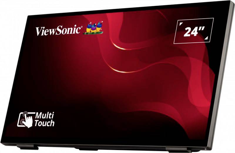 24palcový multi-dotykový monitor od ViewSonic s lesklým červeným pozadím a grafickými vlnami.