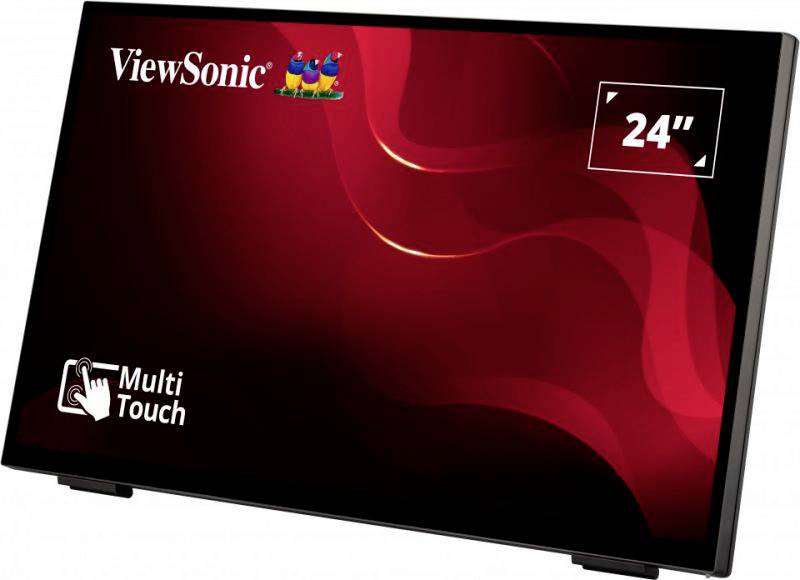 Monitor ViewSonic o velikosti 24 palců na černém pozadí, podporující multitouch. Červená vlnovitá grafika zdobí displej.