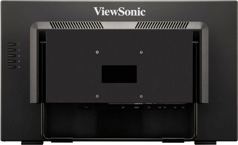 Pohled zezadu na černý monitor ViewSonic s větracími otvory a centrálním obdélníkovým odnímatelným panelem.