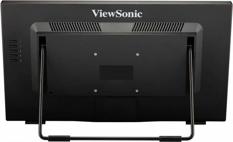 Monitor zezadu ukazuje stojan a zadní stranu s větracími otvory. Je viditelný název značky 'ViewSonic'.