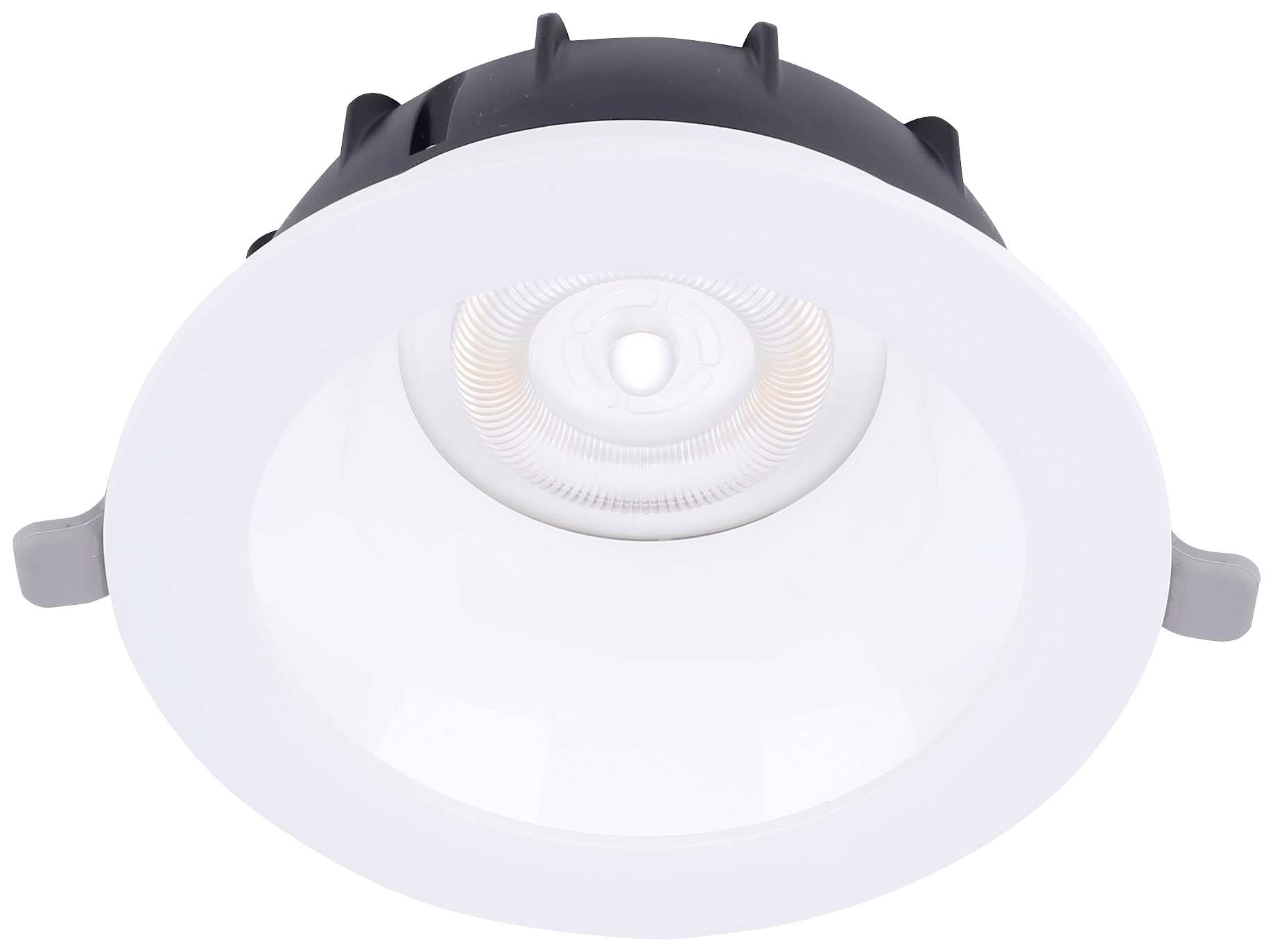 Kulatá, bílá LED podhledová stropní svítidla s černým lemováním, navržená pro moderní osvětlení interiéru.