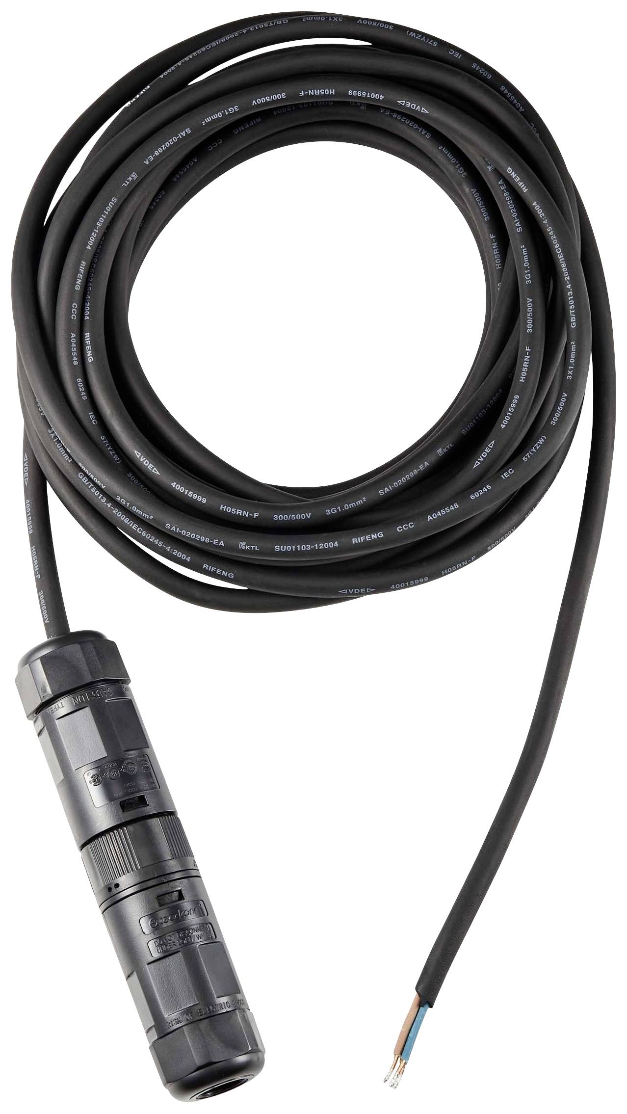 Černý kabel s odizolovanými konci a válcovitou přípojnou zástrčkou, vhodný pro elektrické připojení.