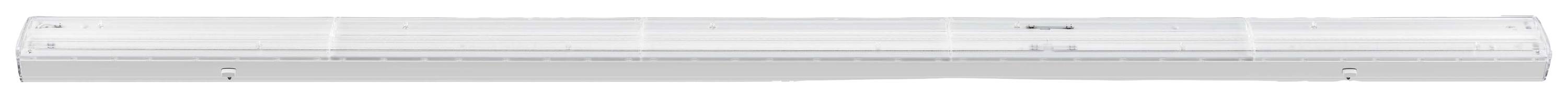 Dlouhá, bílá dřevěná lať s seříznutými hranami, umístěná horizontálně.