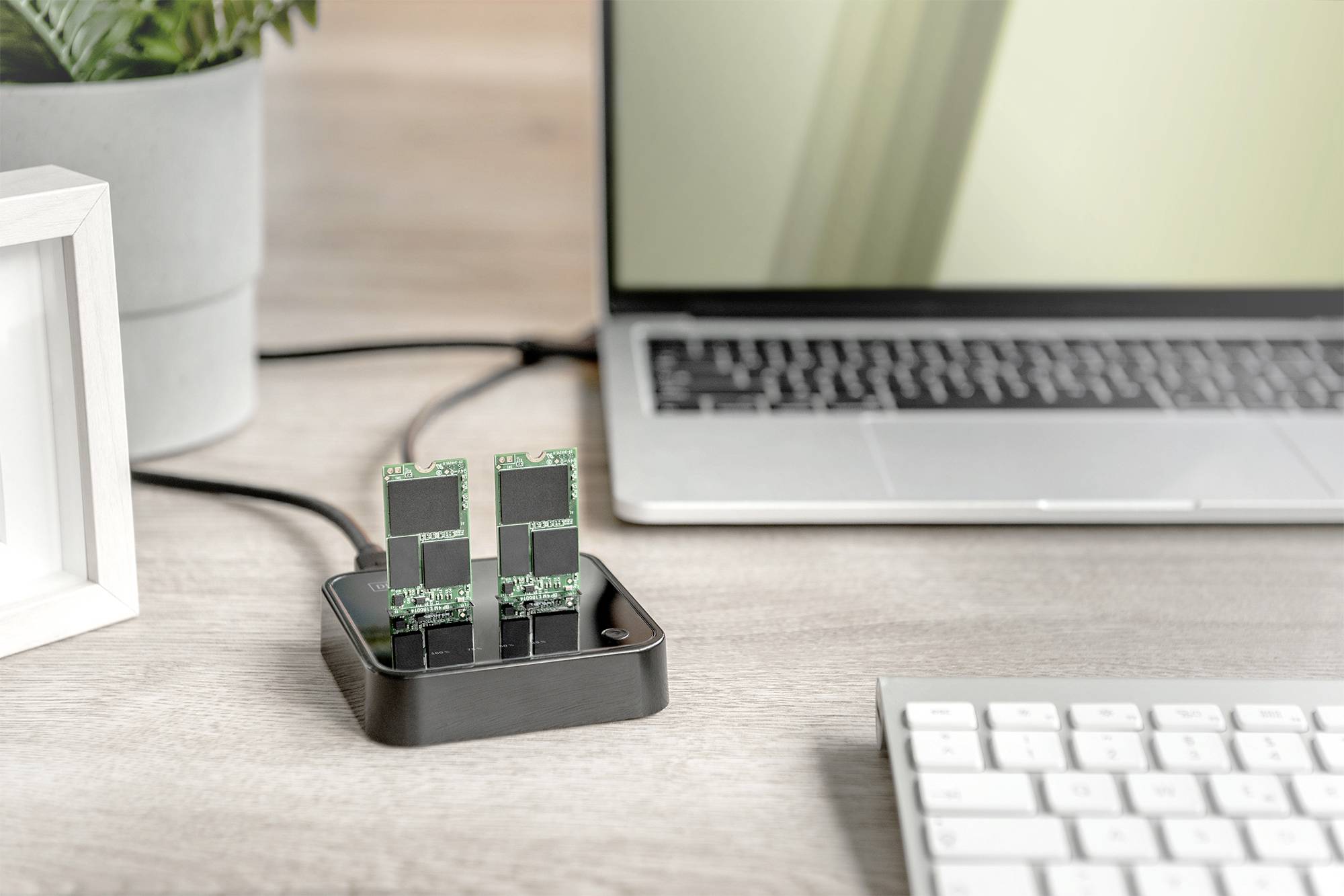Dva USB flash disky jsou zasunuty do USB rozbočovače, který stojí na psacím stole vedle notebooku, klávesnice a rostliny.