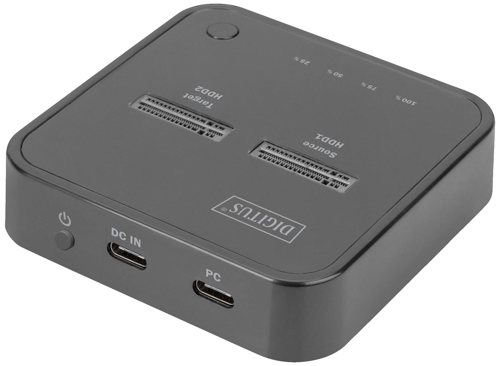 Černé, čtvercové elektronické zařízení se dvěma HDMI vstupy, jedním vypínačem, dvěma USB-C porty, s logem 'DICENTIS'.