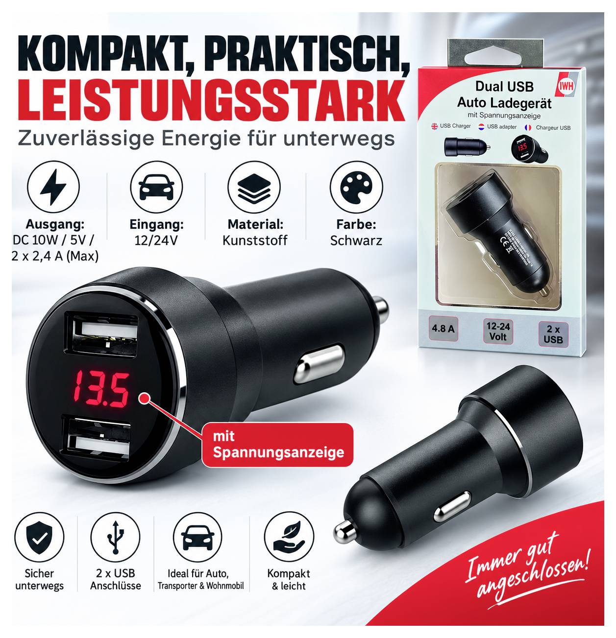 IWH Dual USB nabíječka s ukazatelem napětí Proudová zatížitelnost (max.)=4800 mA 12 nebo 24 V/DC-2