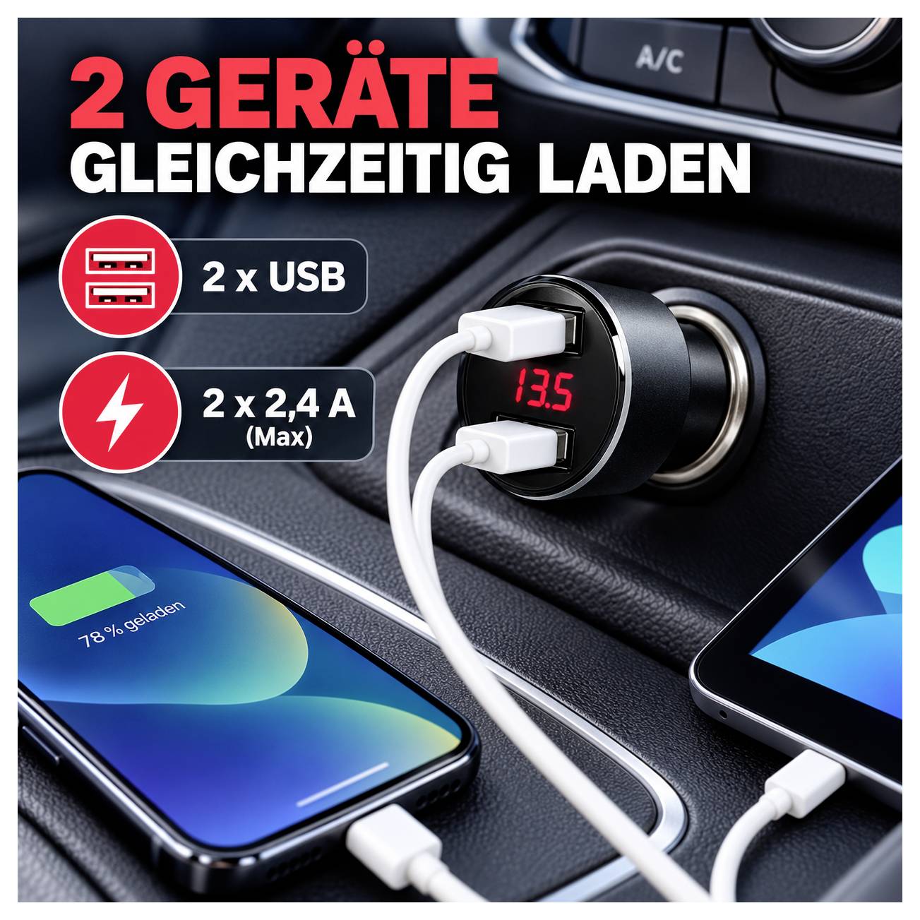 IWH Dual USB nabíječka s ukazatelem napětí Proudová zatížitelnost (max.)=4800 mA 12 nebo 24 V/DC-3