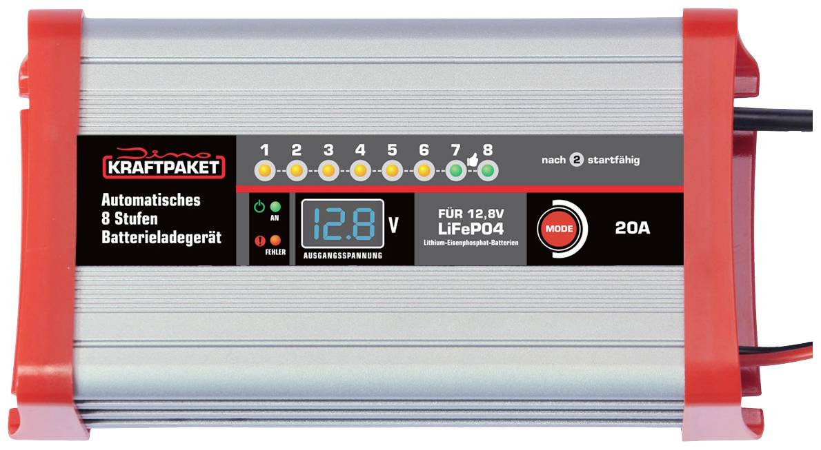 Automatická 8-stupňová nabíječka baterií 'Kraftpaket' s displejem pro 12,8V LiFePO4 a 20A. Obsahuje LED stavové kontrolky a možnost výběru módu.
