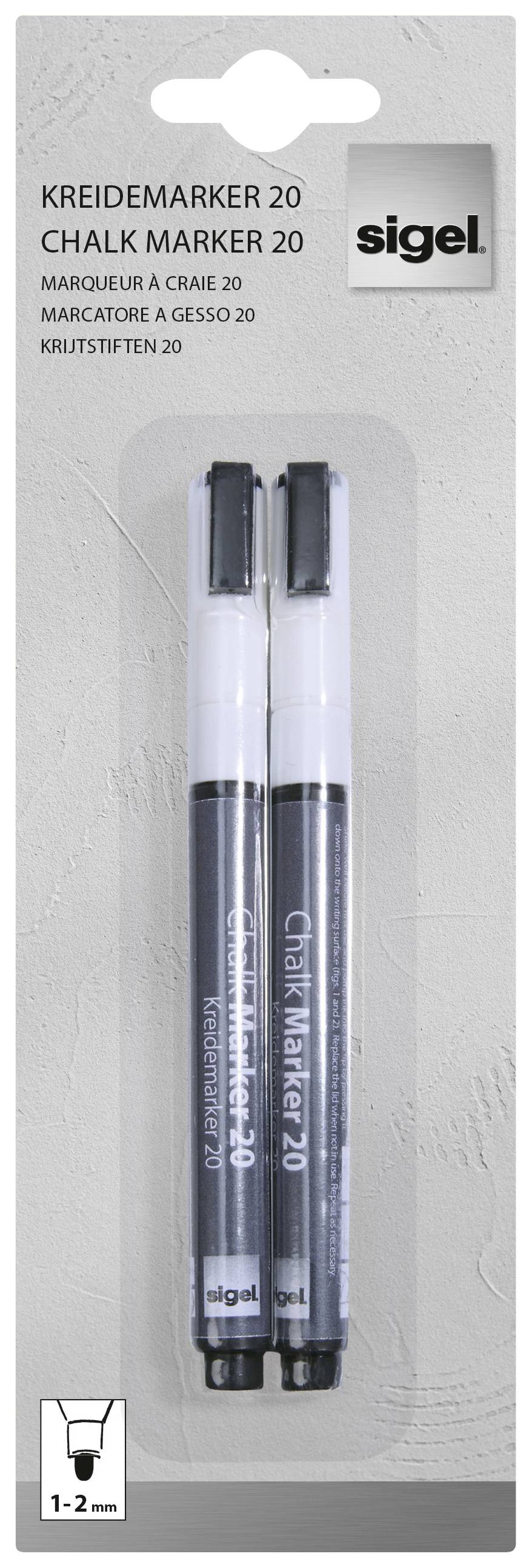 Dva černé křídové markery značky Sigel, zabalené v průhledném obalu. Kompatibilní s povrchy o tloušťce 1-2 mm.