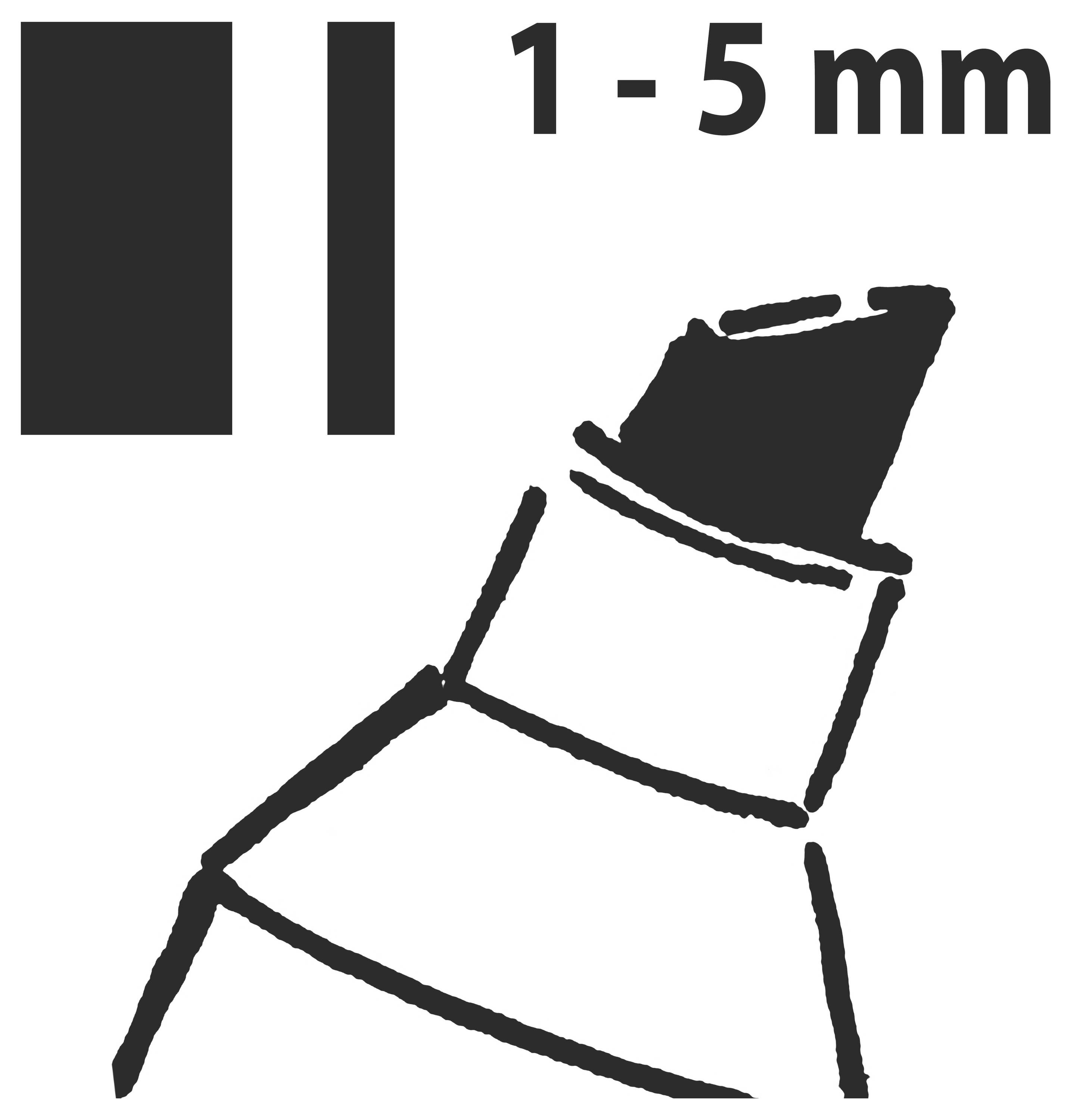 Černý piktogram malé nakloněné nádoby se štítkem 1-5 mm a dvěma černými pruhy udávajícími rozsah velikosti nebo tloušťky.