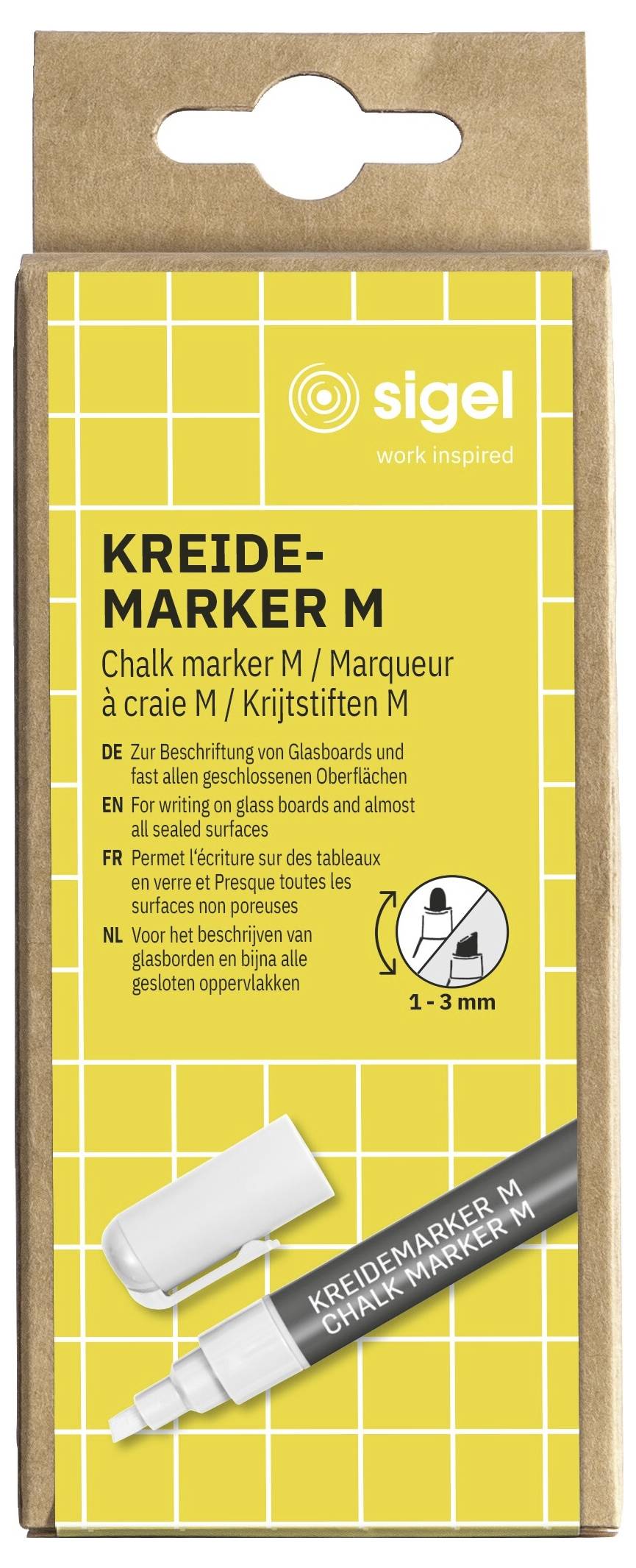 Balení pro Sigel Kreide-Marker M, bílý křídový popis s hrotem 1-3 mm, v krabici se žlutým vzorem mřížky.